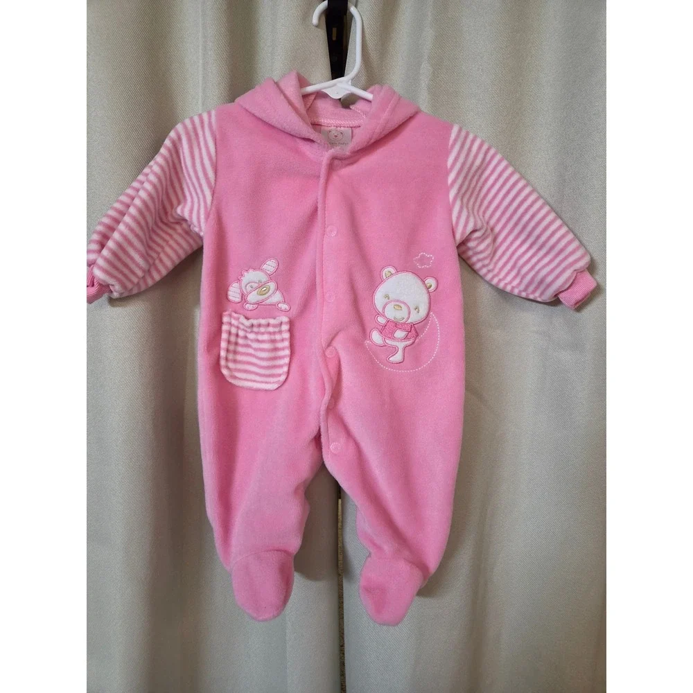 The Cute Babys Pink Fleece Bear Footed Hooded Sleeper 3-6M Striped Sleeves